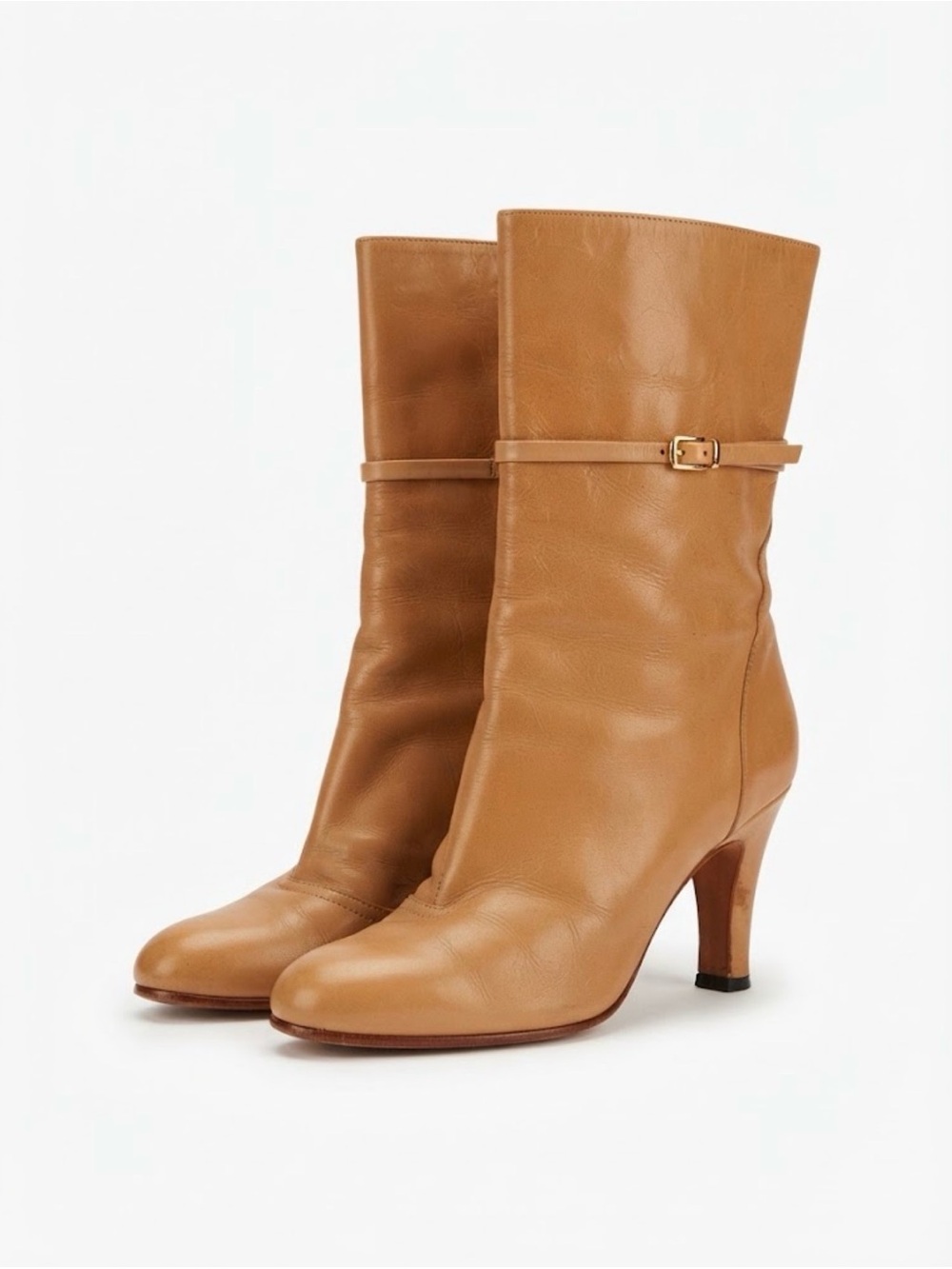 Vintage Tan Leather Mid-Calf Boots with Buckle Strap Size 7.5